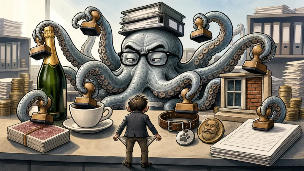 Satirische Karikatur einer Steuerkrake, die nach Sekt, Kaffee, Hundemarke, Spielkarten und Fenster greift