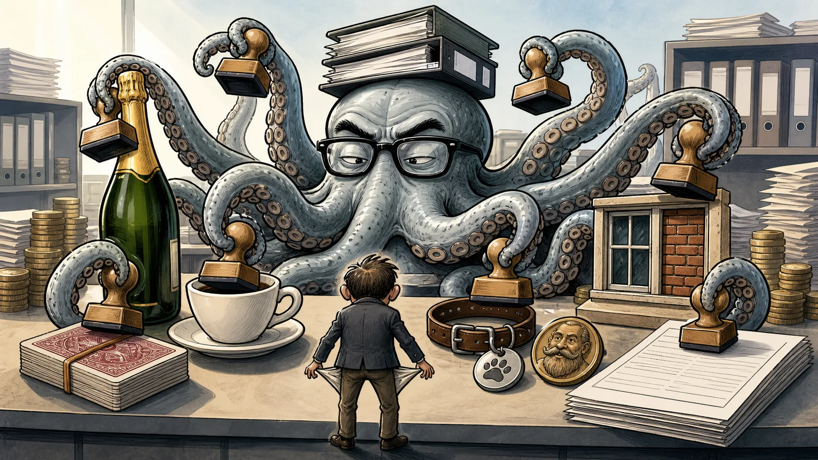 Satirische Karikatur einer Steuerkrake, die nach Sekt, Kaffee, Hundemarke, Spielkarten und Fenster greift