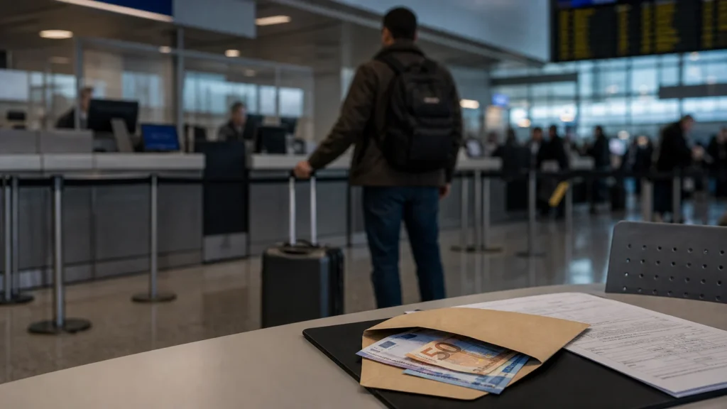 Symbolbild: Flughafen, Rückreise und Umschlag mit Euro-Banknoten