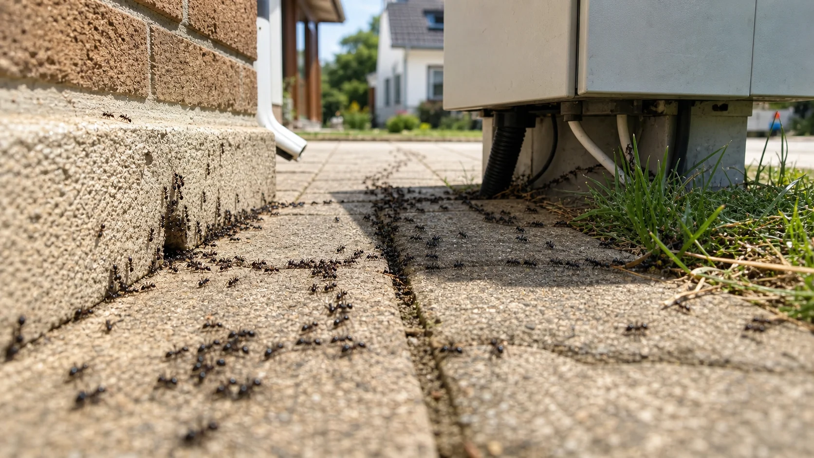 Symbolbild: Invasive Ameisen an Hausfundament und Stromkasten