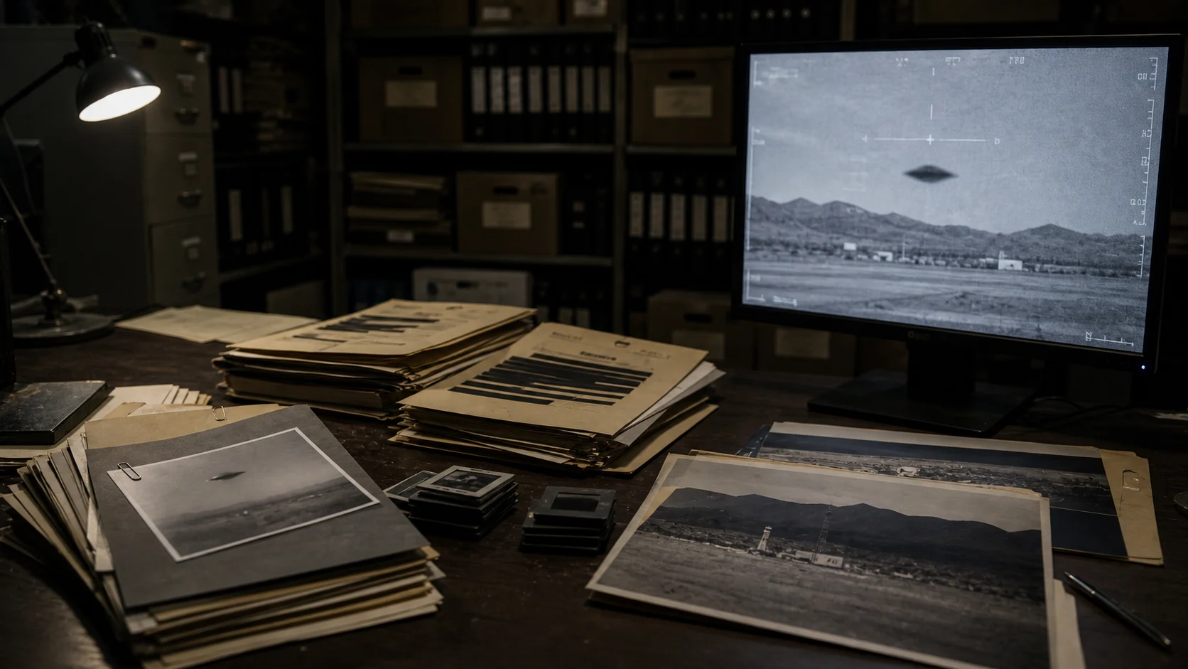 Symbolbild: UAP-Akten und Infrarotaufnahme in einem Archivraum