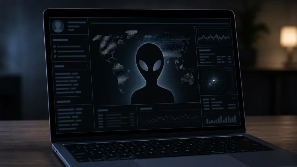 Symbolbild: Laptop mit dunkler Website und generischem Alien-Motiv