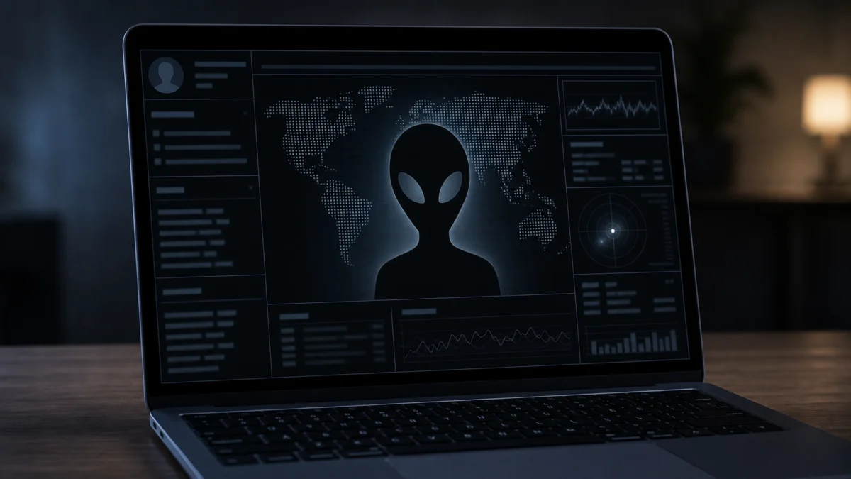 Symbolbild: Laptop mit dunkler Website und generischem Alien-Motiv