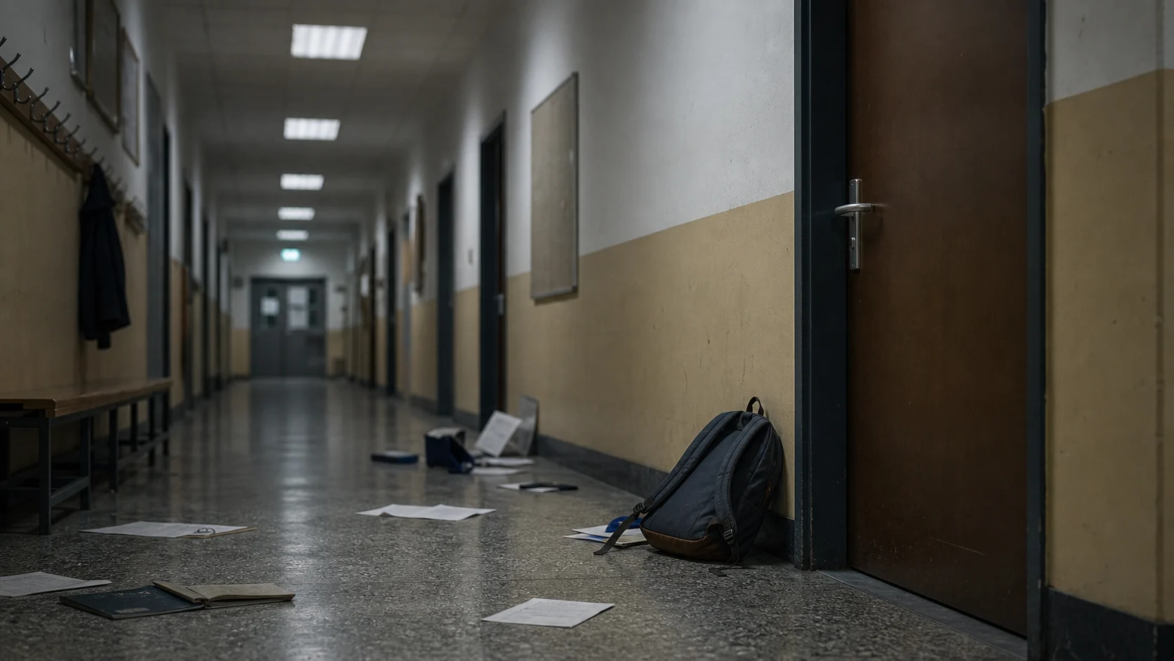 Symbolbild: Leerer Schulflur mit Rucksack und verstreuten Papieren vor einer Tür