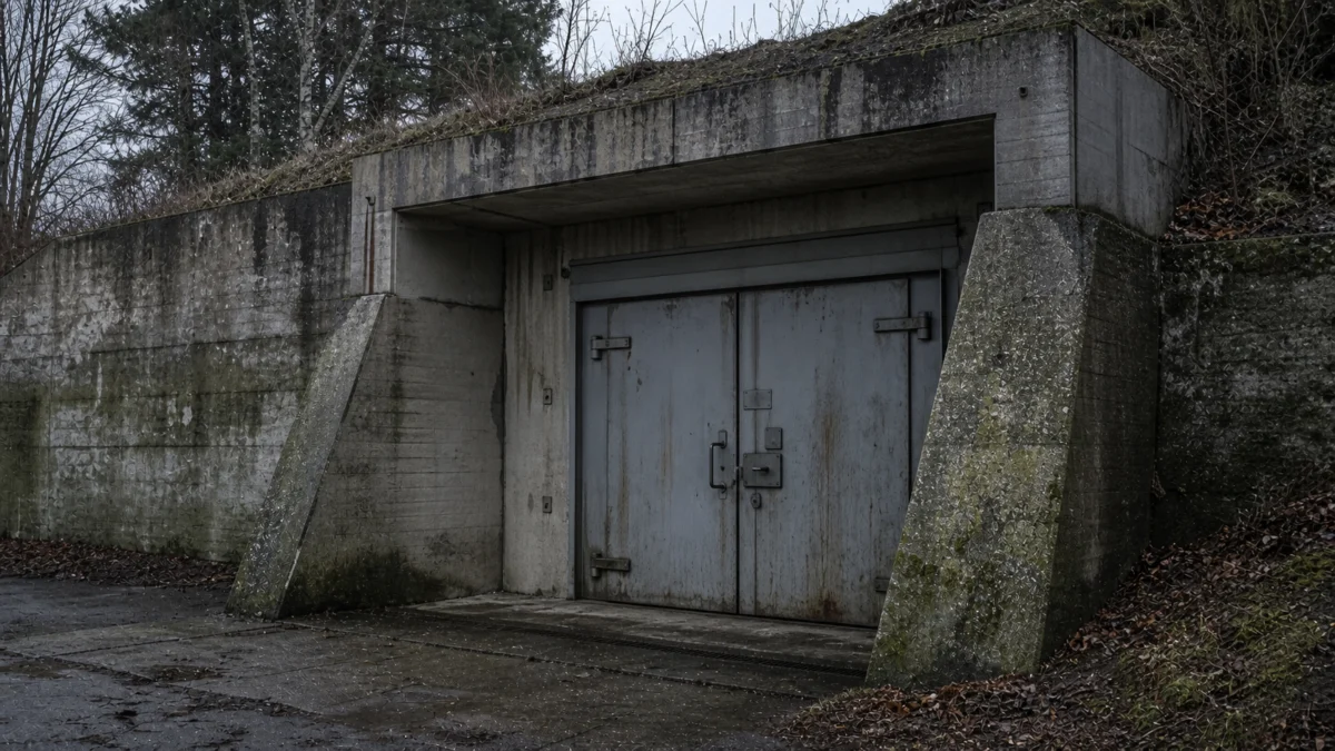 Symbolbild: alte Bunkeranlage mit massivem Betoneingang und Stahltor