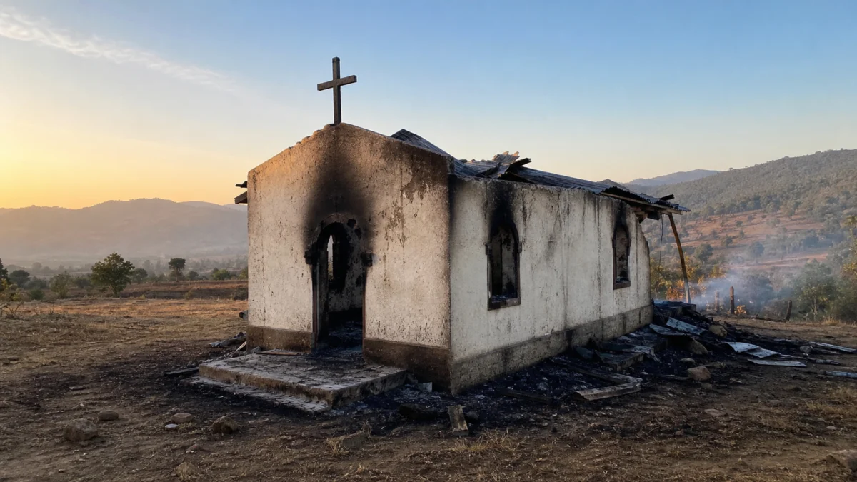 Symbolbild einer ausgebrannten christlichen Kirche in der äthiopischen Landschaft