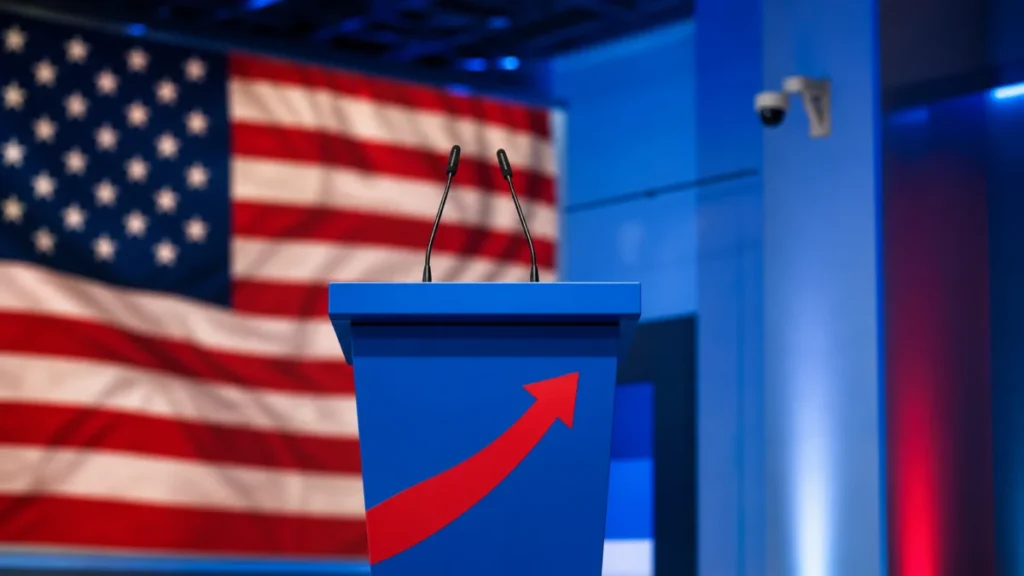 Ein blaues Rednerpult mit rotem Pfeil vor einer US-Flagge und einer Überwachungskamera.