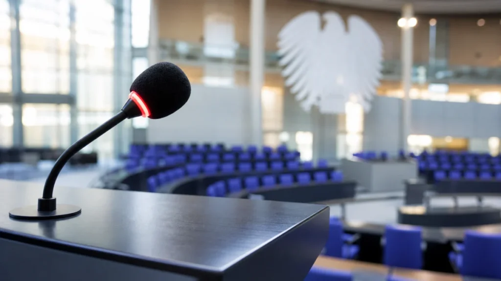 Ein eingeschaltetes Mikrofon vor dem leeren Plenarsaal des Deutschen Bundestages