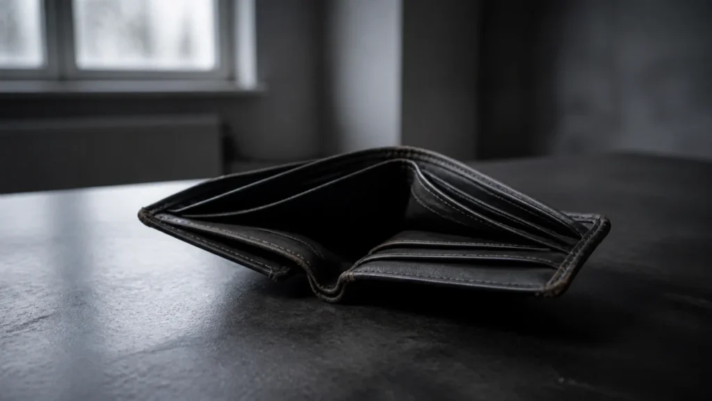Symbolbild: leeres schwarzes Portemonnaie auf einem dunklen Tisch