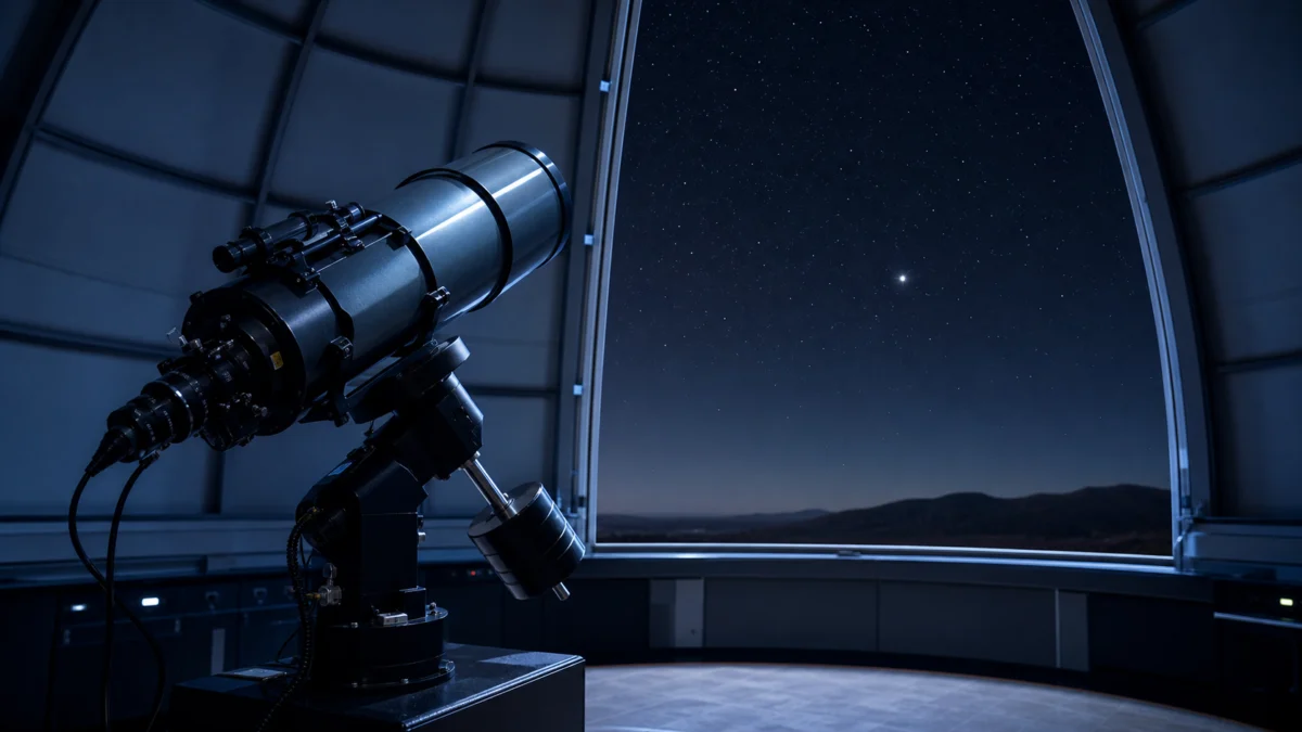 Symbolbild eines wissenschaftlichen Teleskops in einer Sternwarte mit einem entfernten Lichtpunkt am Nachthimmel