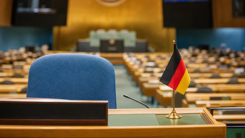 Ein leerer deutscher Delegiertenplatz im Saal der Vereinten Nationen