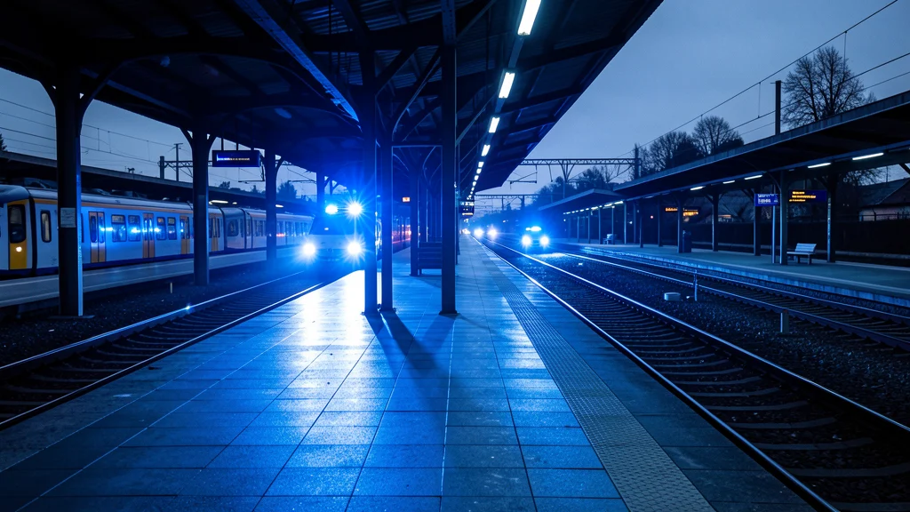 Leerer Bahnsteig mit blauen Polizeilichtern – symbolisches Bild zur steigenden Gewaltkriminalität an Bayerns Bahnhöfen