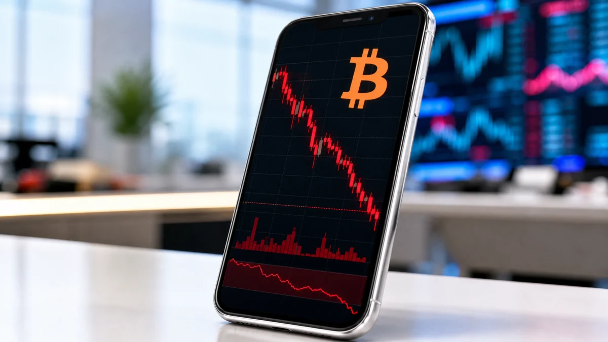 Symbolbild: Smartphone mit stark fallendem Bitcoin-Kurschart