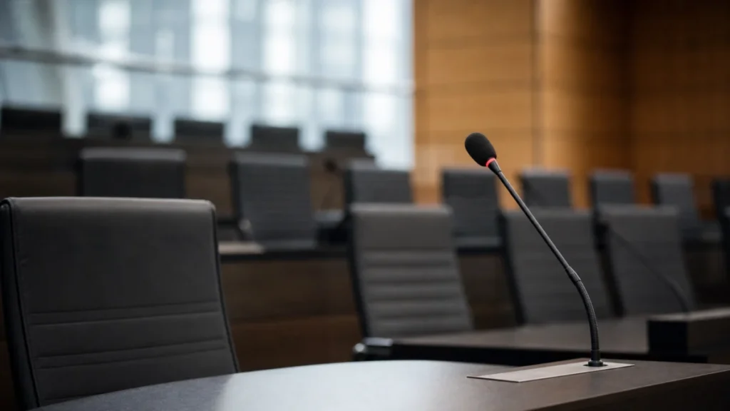 Leeres Mikrofon in einem Sitzungssaal als Symbolbild für politischen Streit im Bundestag-Planspiel