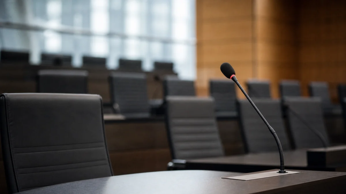 Leeres Mikrofon in einem Sitzungssaal als Symbolbild für politischen Streit im Bundestag-Planspiel