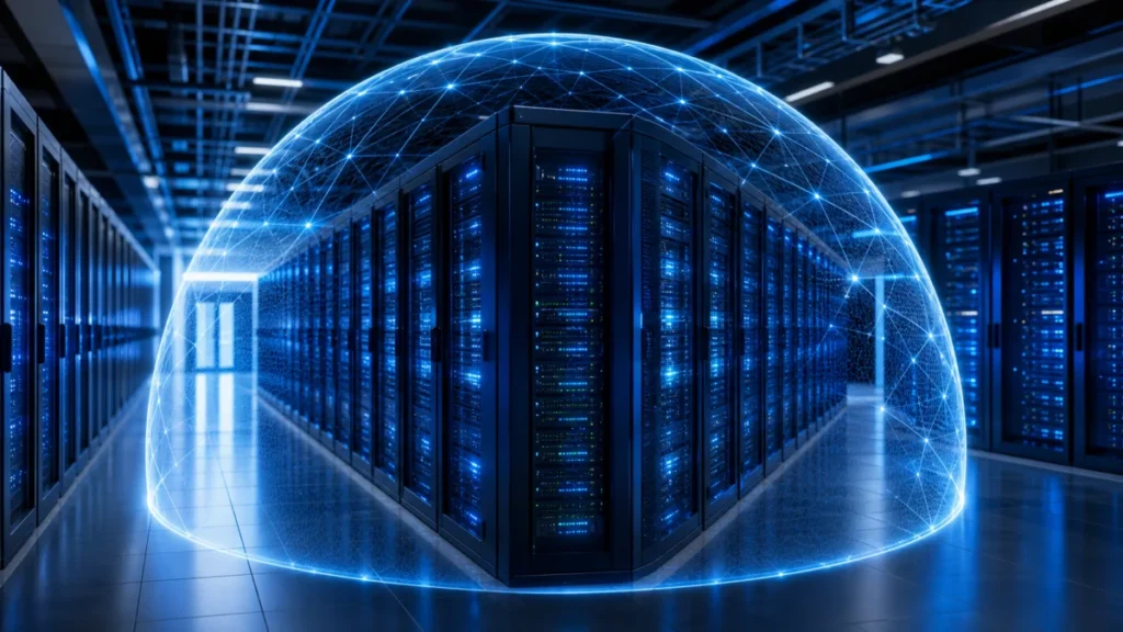 Serverraum unter digitaler Schutzkuppel als Symbol für Cyberdome und Netzüberwachung