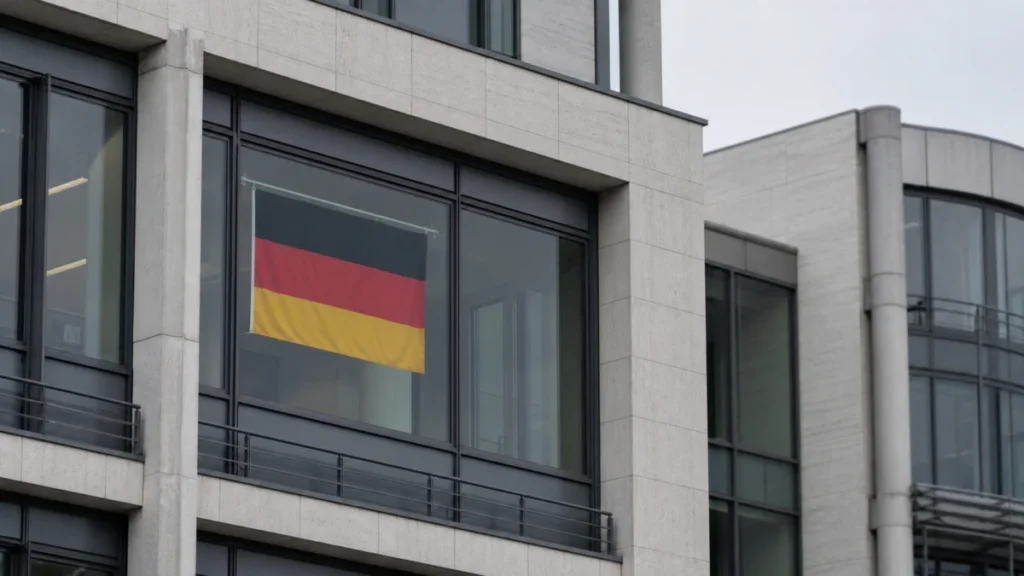 Eine Deutschlandfahne hängt sichtbar in einem Bürofenster des Bundestags