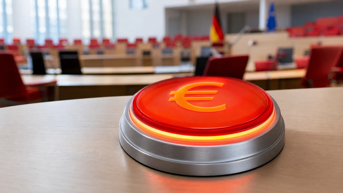 Symbolbild: Leuchtender Euro-Abstimmungsknopf in einem Landtag