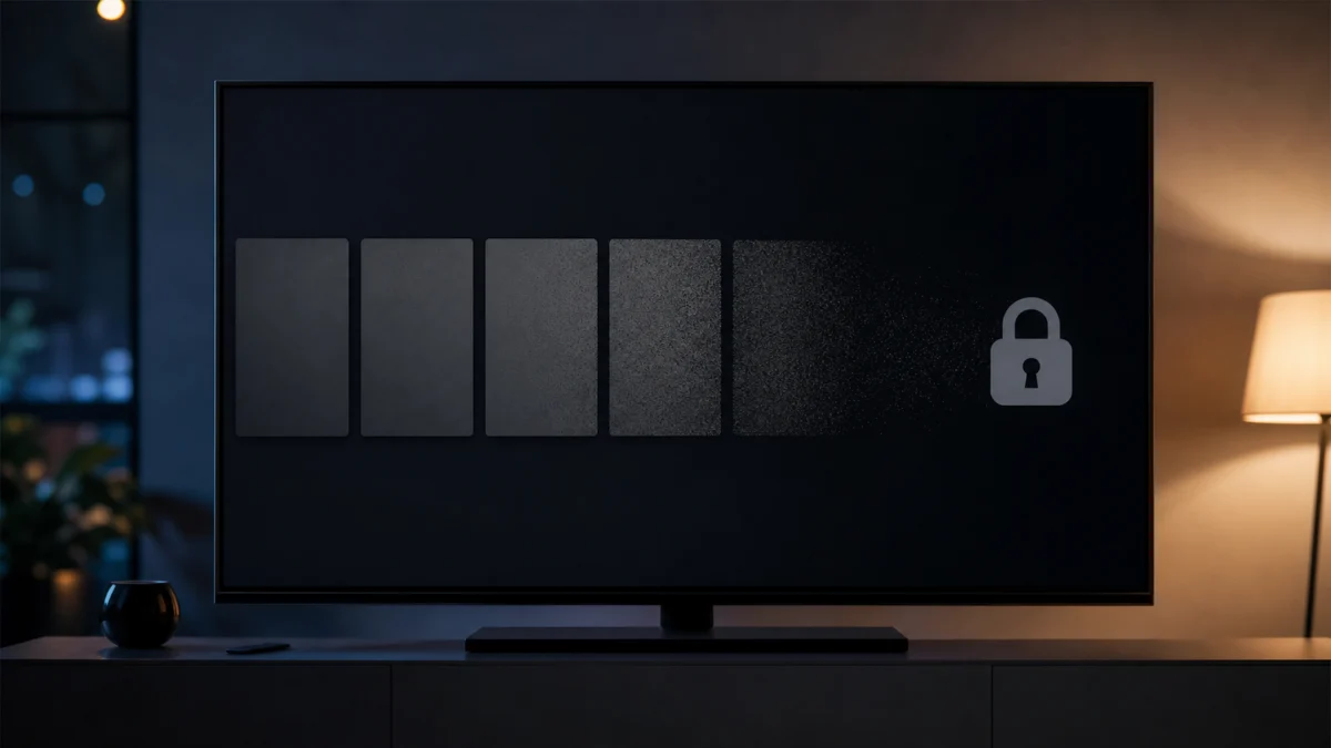 Fernsehbildschirm mit verschwindender digitaler Filmbibliothek als Symbol für gelöschte digitale Käufe