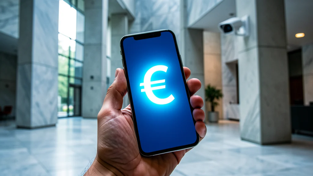 Symbolbild: Smartphone mit Euro-Symbol in der Lobby einer Zentralbank