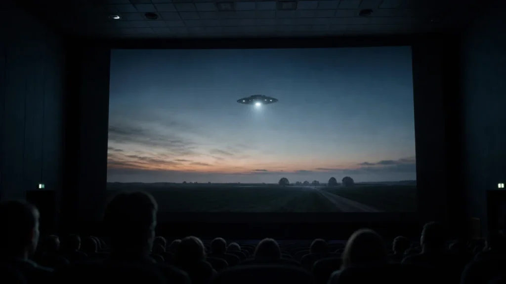 Kinobesucher sehen einen Film mit einem unbekannten Flugobjekt über einer Landschaft
