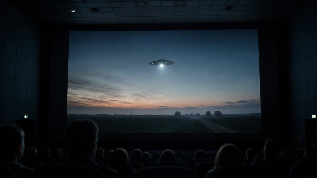 Kinobesucher sehen einen Film mit einem unbekannten Flugobjekt über einer Landschaft