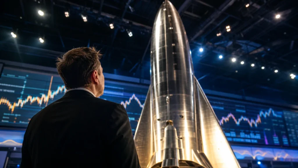 Symbolbild von Elon Musk vor einer Edelstahlrakete und Börsenkursen