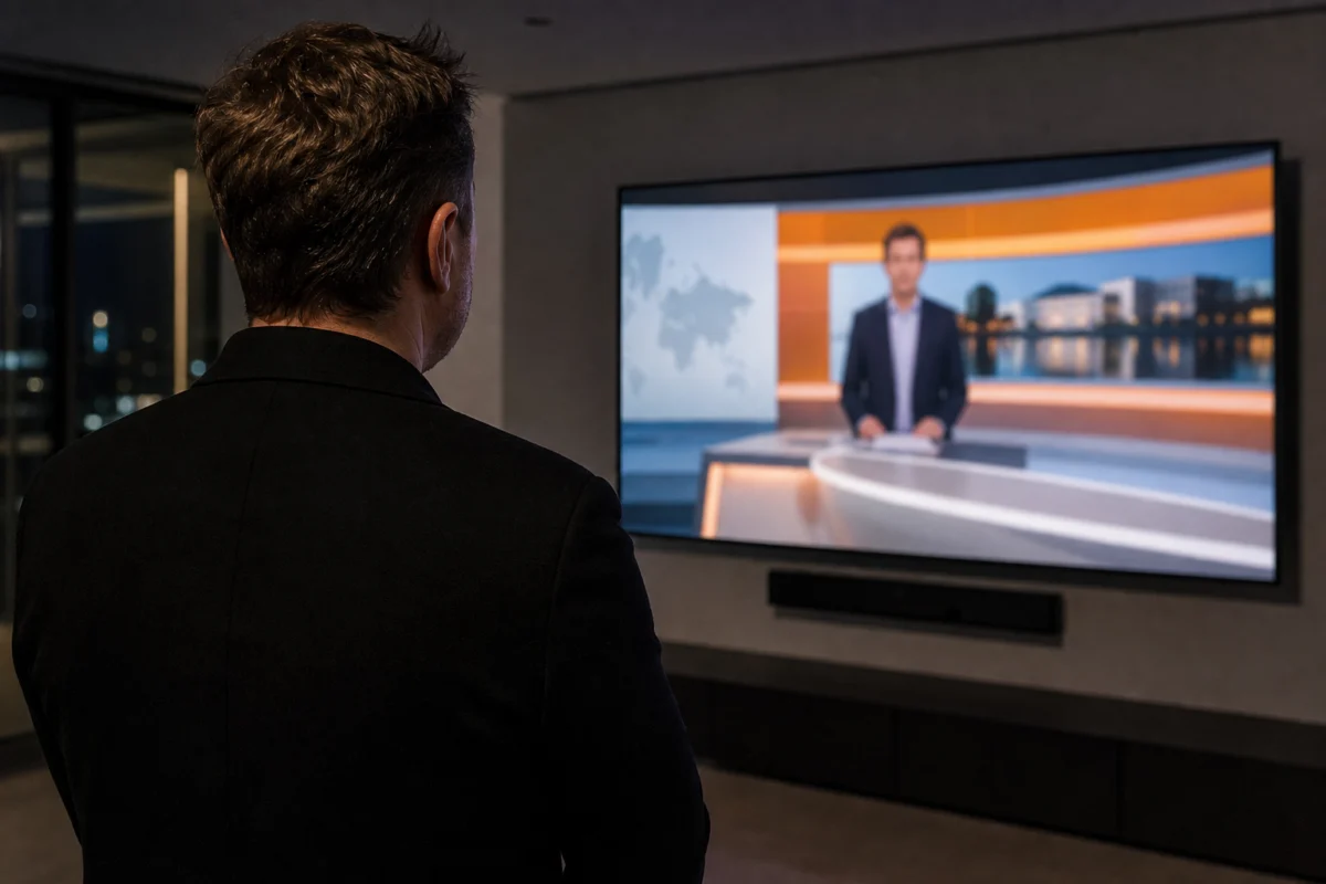 Ein Mann von hinten betrachtet eine deutsche TV-Nachrichtensendung auf einem großen Bildschirm