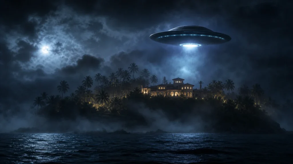 Symbolbild: düstere Insel bei Nacht mit UAP am Himmel
