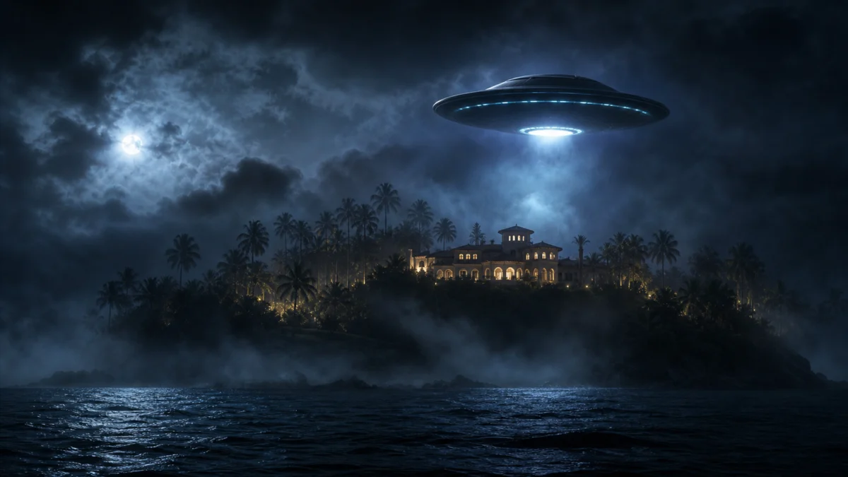 Symbolbild: düstere Insel bei Nacht mit UAP am Himmel