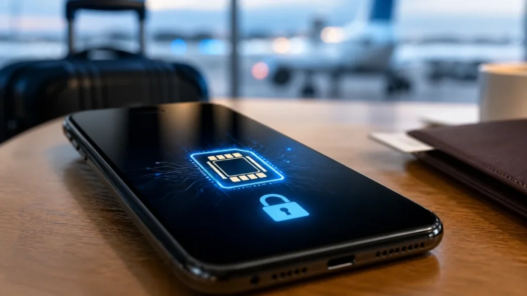 Smartphone mit leuchtendem eSIM-Symbol als Symbol für mobile Daten und Datenschutzrisiken