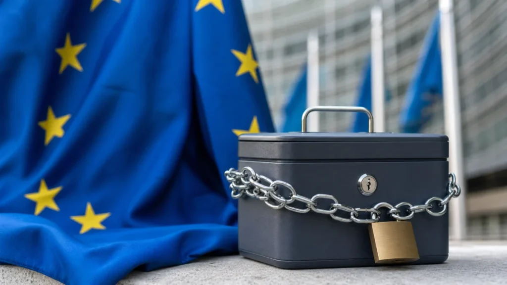Symbolbild: verschlossene Kasse vor EU-Flagge