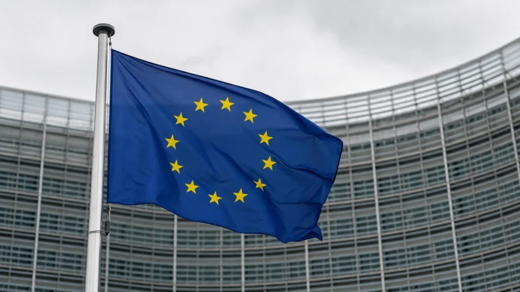 Eine EU-Fahne weht vor dem Gebäude der Europäischen Kommission