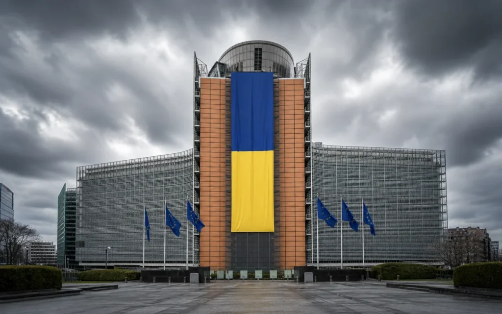 EU-Gebäude in Brüssel mit einer großen ukrainischen Flagge unter dunklem Himmel