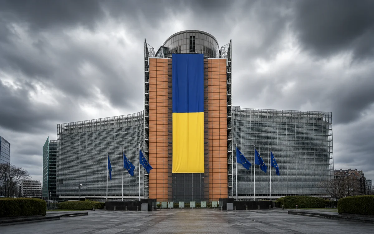 EU-Gebäude in Brüssel mit einer großen ukrainischen Flagge unter dunklem Himmel