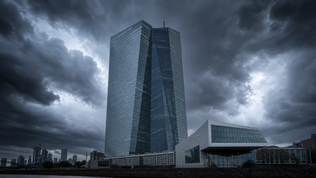 Die Zwillingstürme der Europäischen Zentralbank in Frankfurt vor einem dunklen Gewitterhimmel