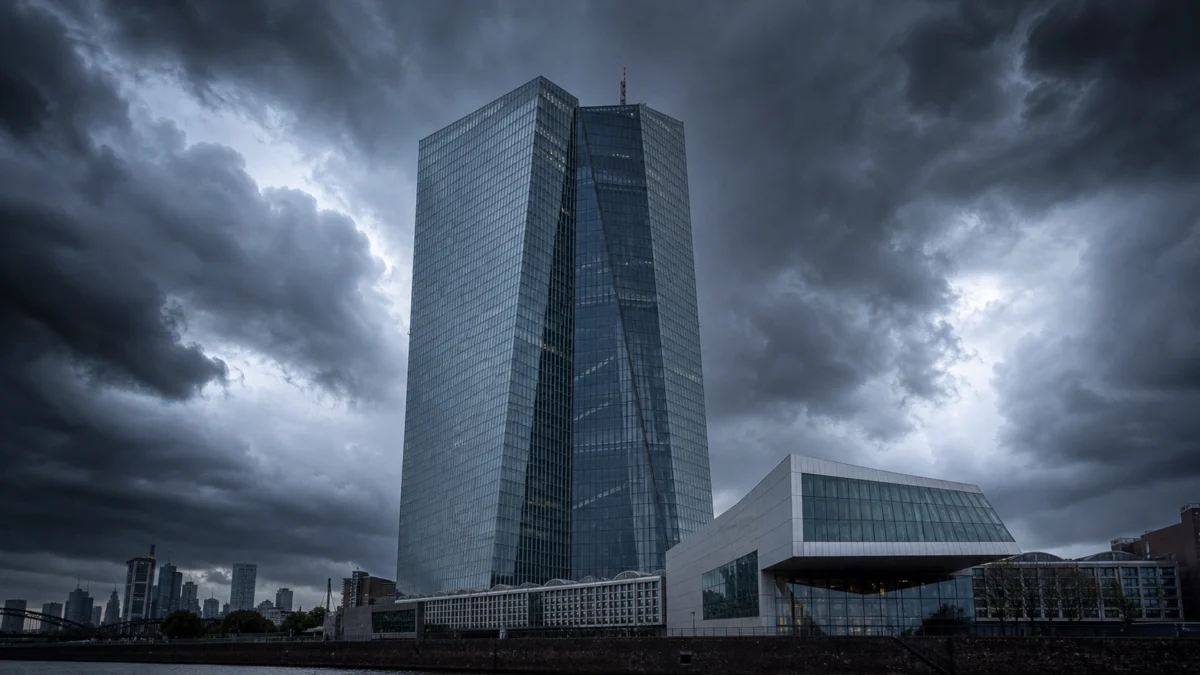 Die Zwillingstürme der Europäischen Zentralbank in Frankfurt vor einem dunklen Gewitterhimmel