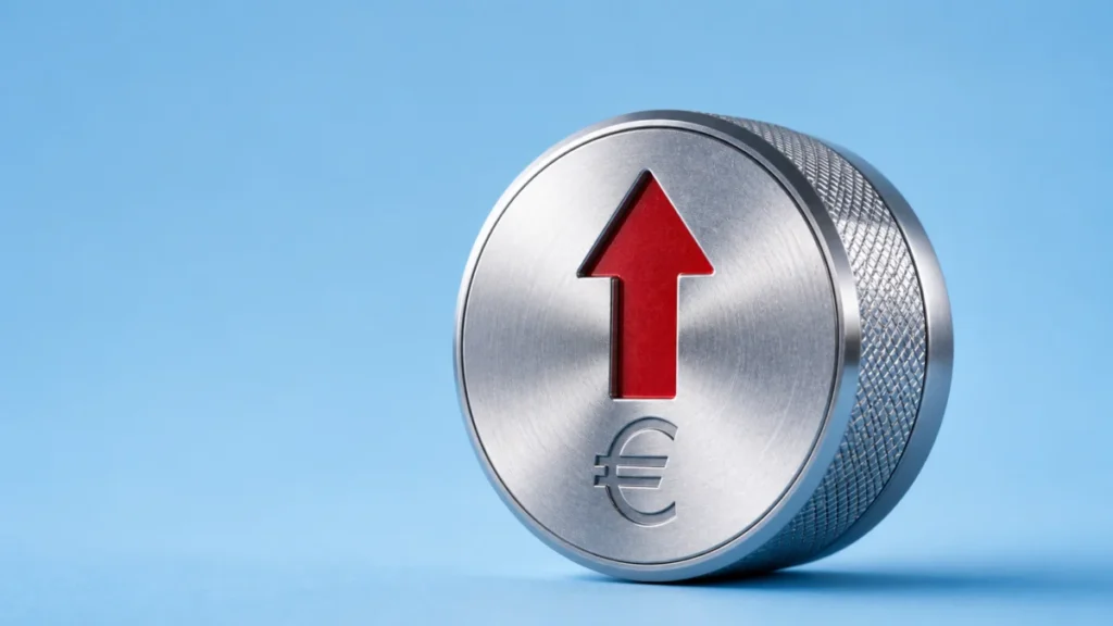 Metallischer Drehknopf mit rotem Pfeil nach oben und Eurozeichen