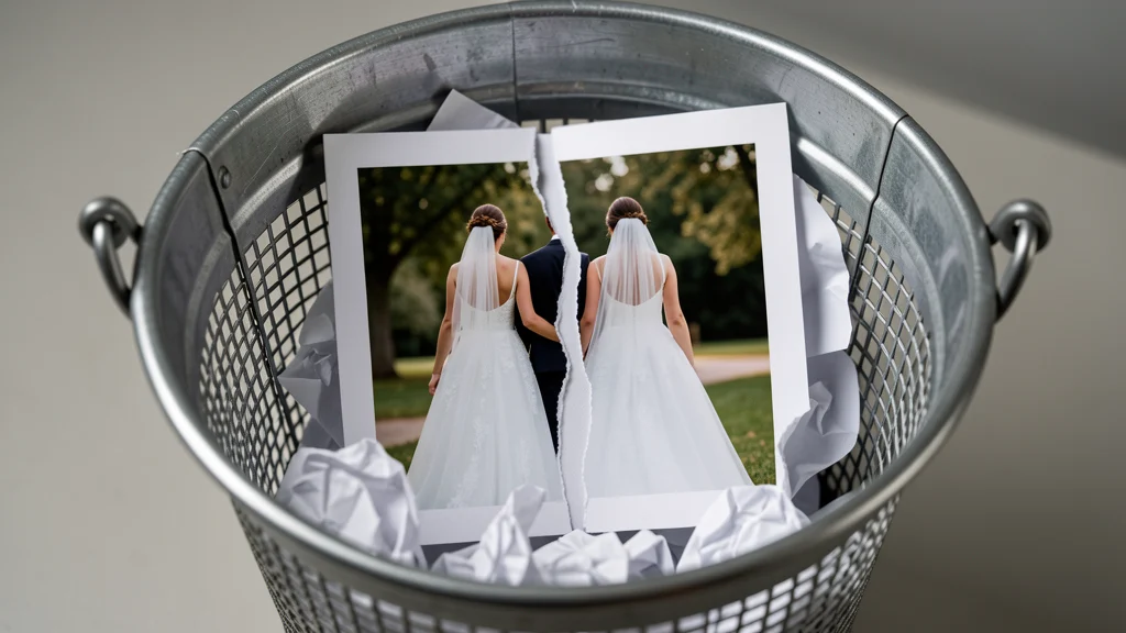 Zerrissenes Hochzeitsfoto eines Brautpaares von hinten in einem Papierkorb als Symbol für Scheidung und Familienzerfall