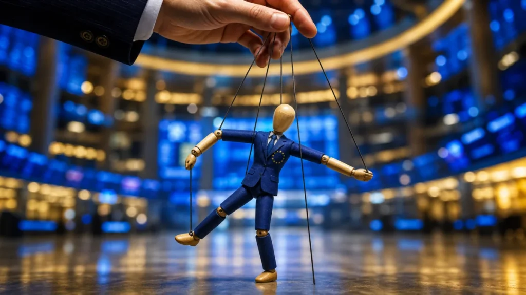 Symbolbild: Europa als Marionette an den Faeden einer Hand auf dem Boersenparkett