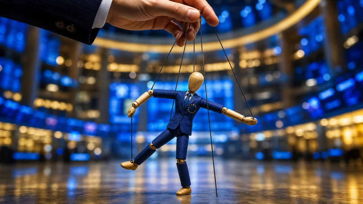 Symbolbild: Europa als Marionette an den Faeden einer Hand auf dem Boersenparkett