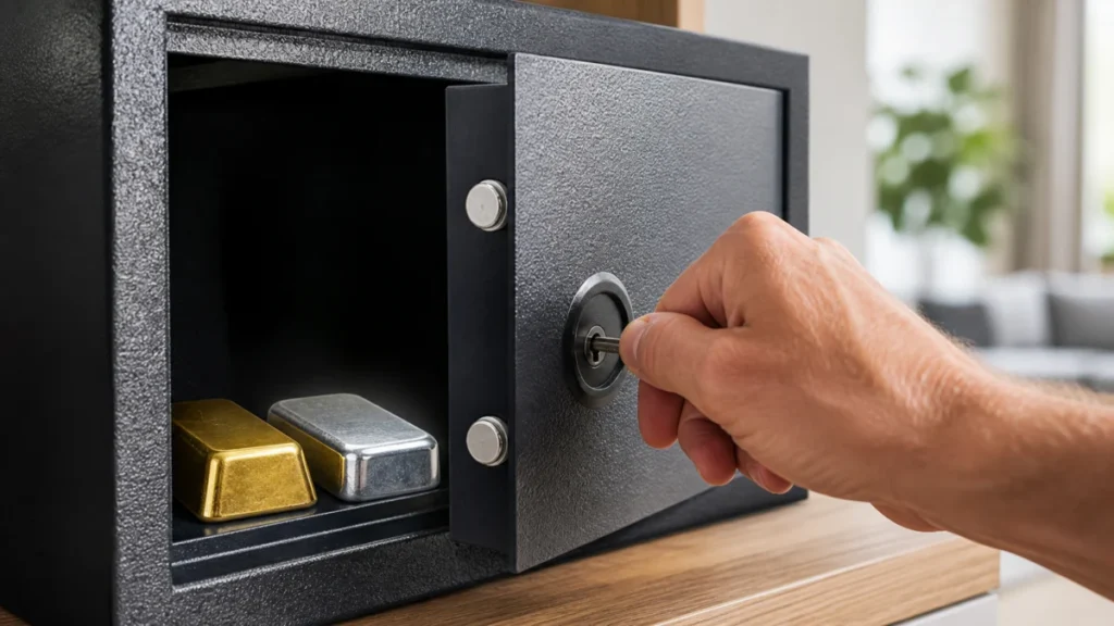 Hand schließt Gold- und Silberbarren in einem privaten Tresor ein