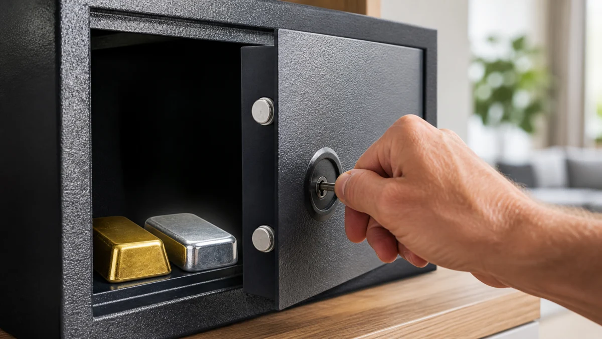 Hand schließt Gold- und Silberbarren in einem privaten Tresor ein