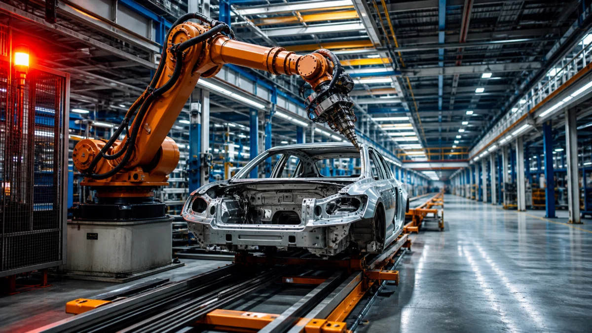 Symbolbild: Stillstehender Industrieroboter über einem unfertigen Auto auf einer leeren Produktionslinie