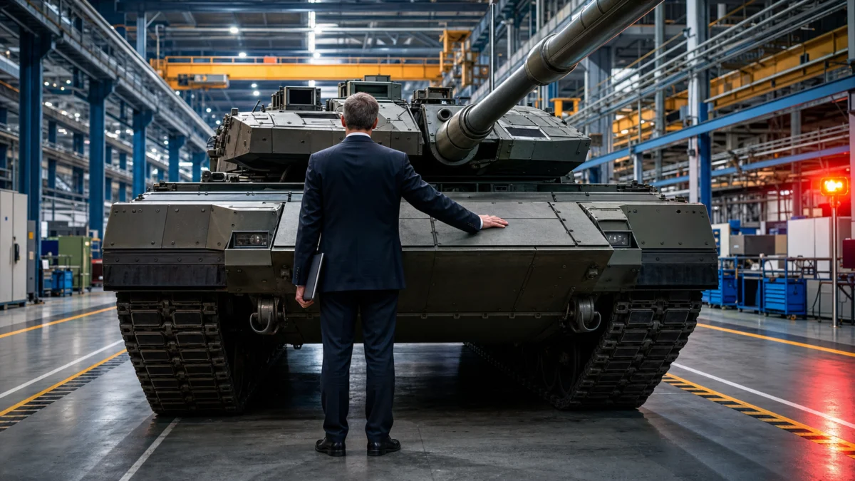 Symbolbild: Anonymer Regierungsvertreter steht in einem Panzerwerk vor einem Kampfpanzer