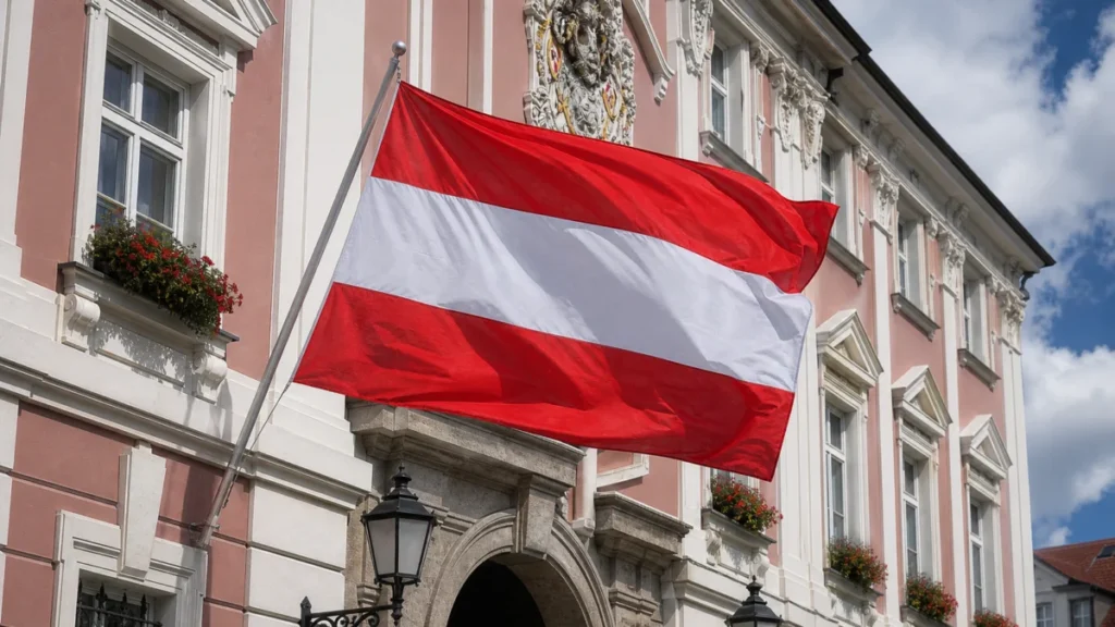Österreichische Fahne an der Fassade eines Rathauses