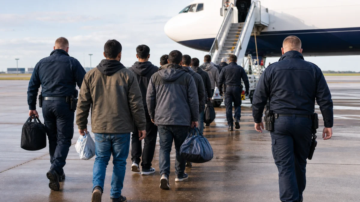 Symbolbild einer Abschiebungsszene am Flughafen mit mehreren abgeführten Männern und Polizeibegleitung