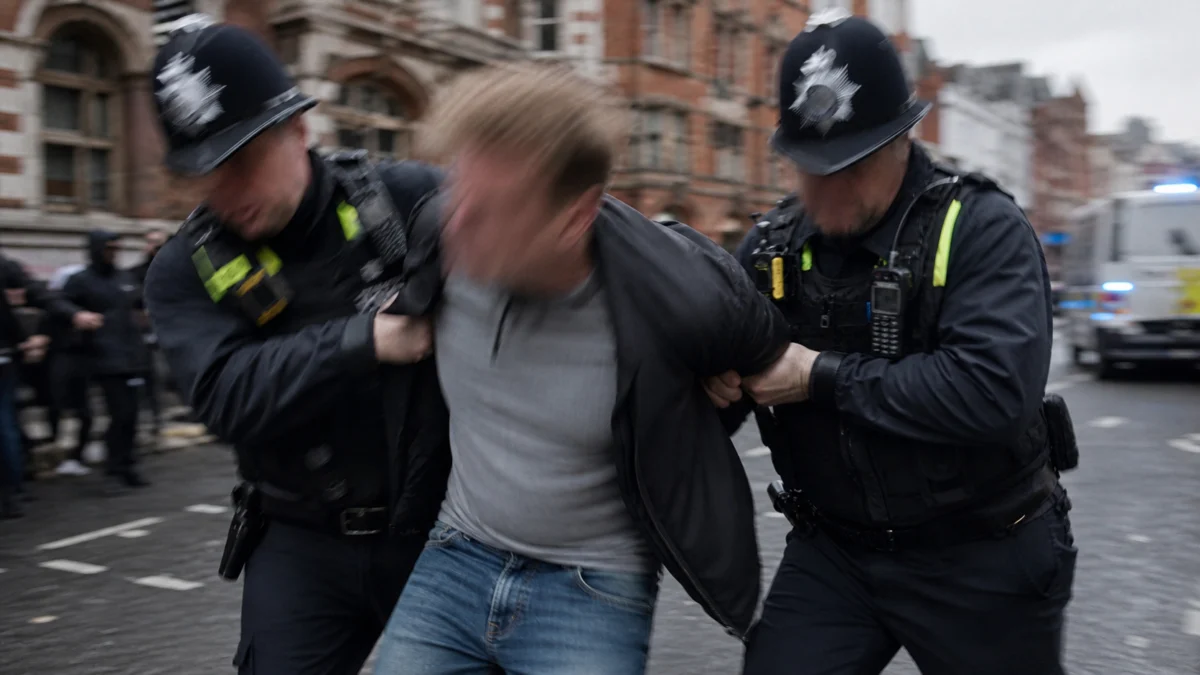 Nachgestellte Szene: Britische Polizisten nehmen einen weissen Demonstranten fest, Gesichter durch Bewegungsunschaerfe unkenntlich