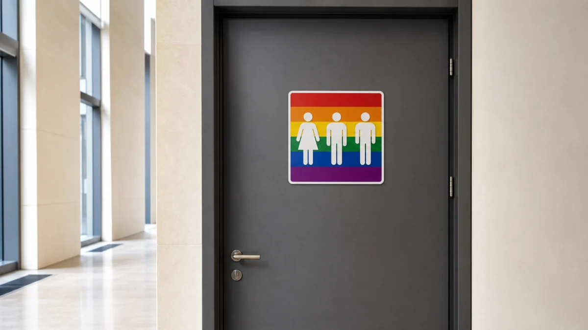 Symbolbild einer genderneutralen Toilettentür mit Regenbogenschild in einem öffentlichen Gebäude