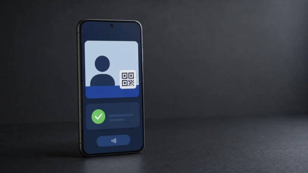 Ein einzelnes Smartphone zeigt eine digitale Identitäts-Wallet mit QR-Code und Verifikationssymbol